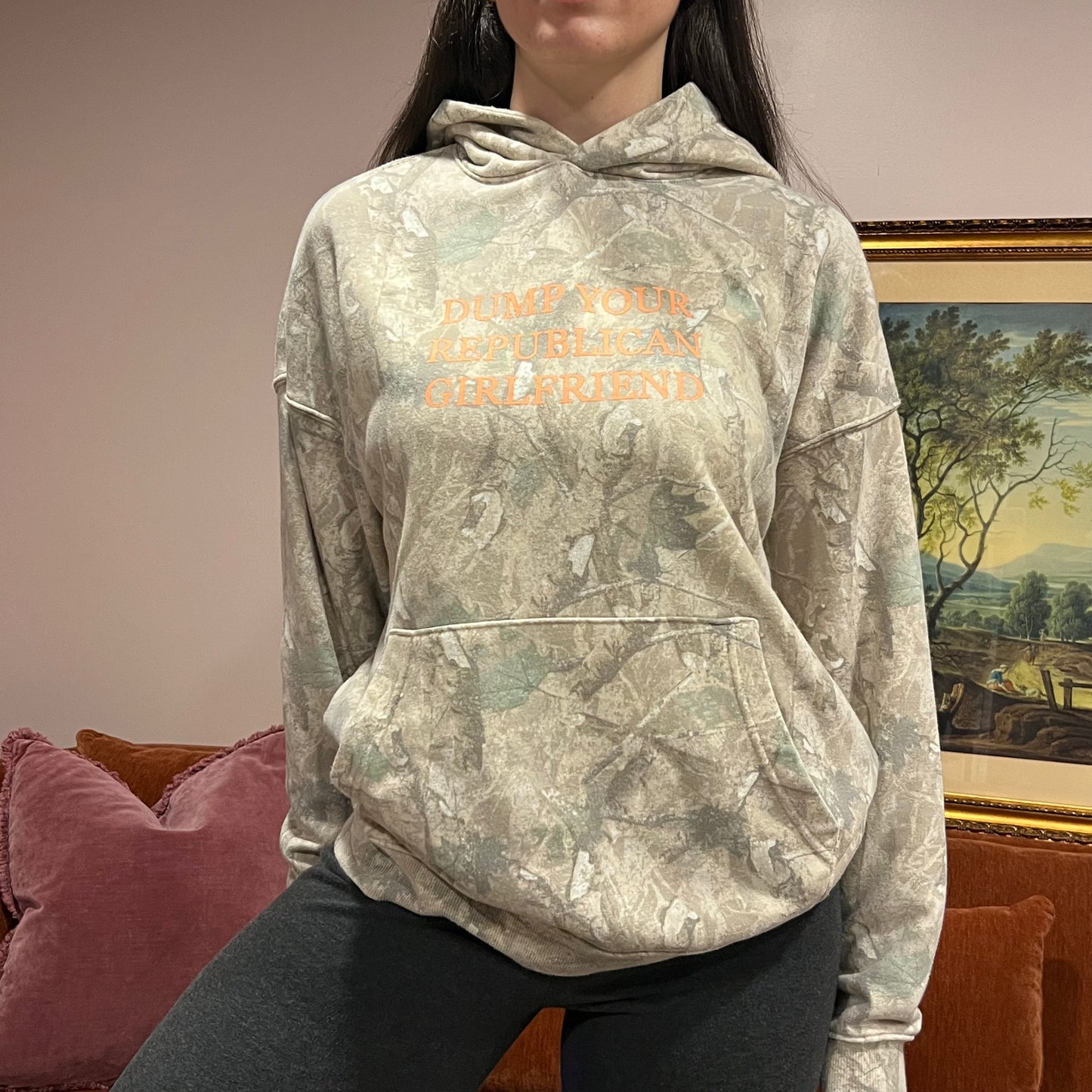 DUMP YOUR REPUBLICAN GIRLFRIEND camo hoodie with orange text (M)