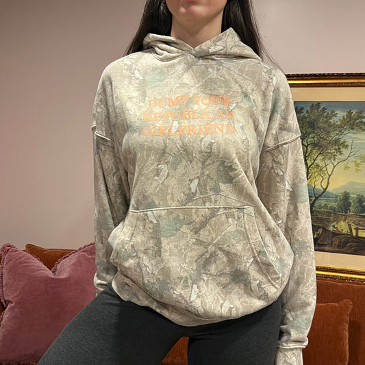 DUMP YOUR REPUBLICAN GIRLFRIEND camo hoodie with orange text (M)
