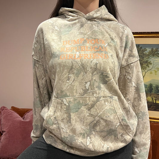 DUMP YOUR REPUBLICAN GIRLFRIEND camo hoodie with orange text (M)