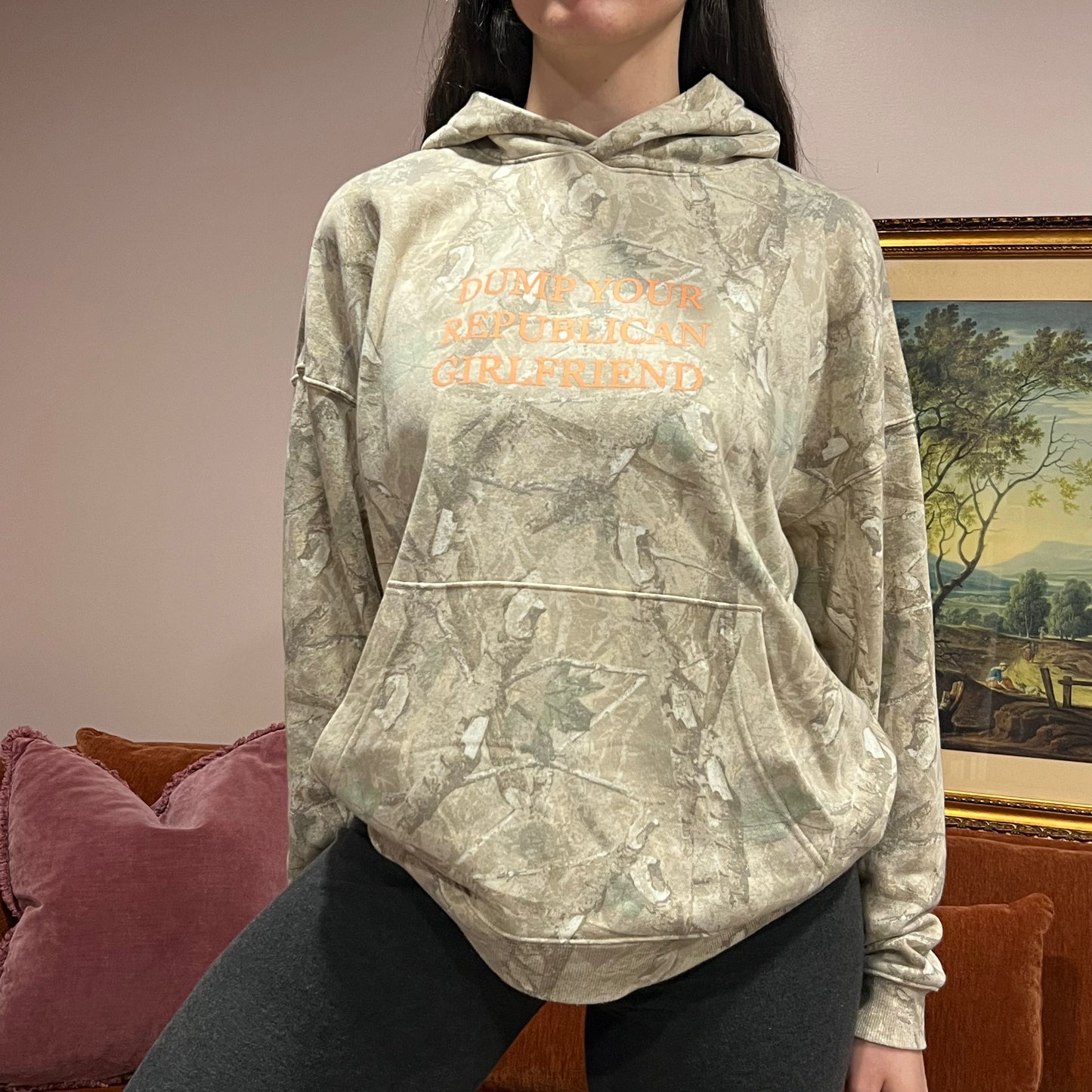 DUMP YOUR REPUBLICAN GIRLFRIEND camo hoodie with orange text (M)