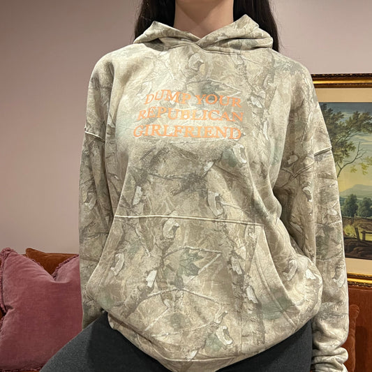 DUMP YOUR REPUBLICAN GIRLFRIEND camo hoodie with orange text (M)