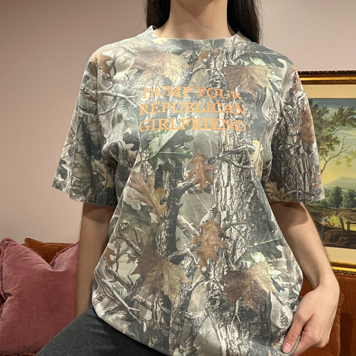 DUMP YOUR REPUBLICAN GIRLFRIEND camo t-shirt with orange text (M)