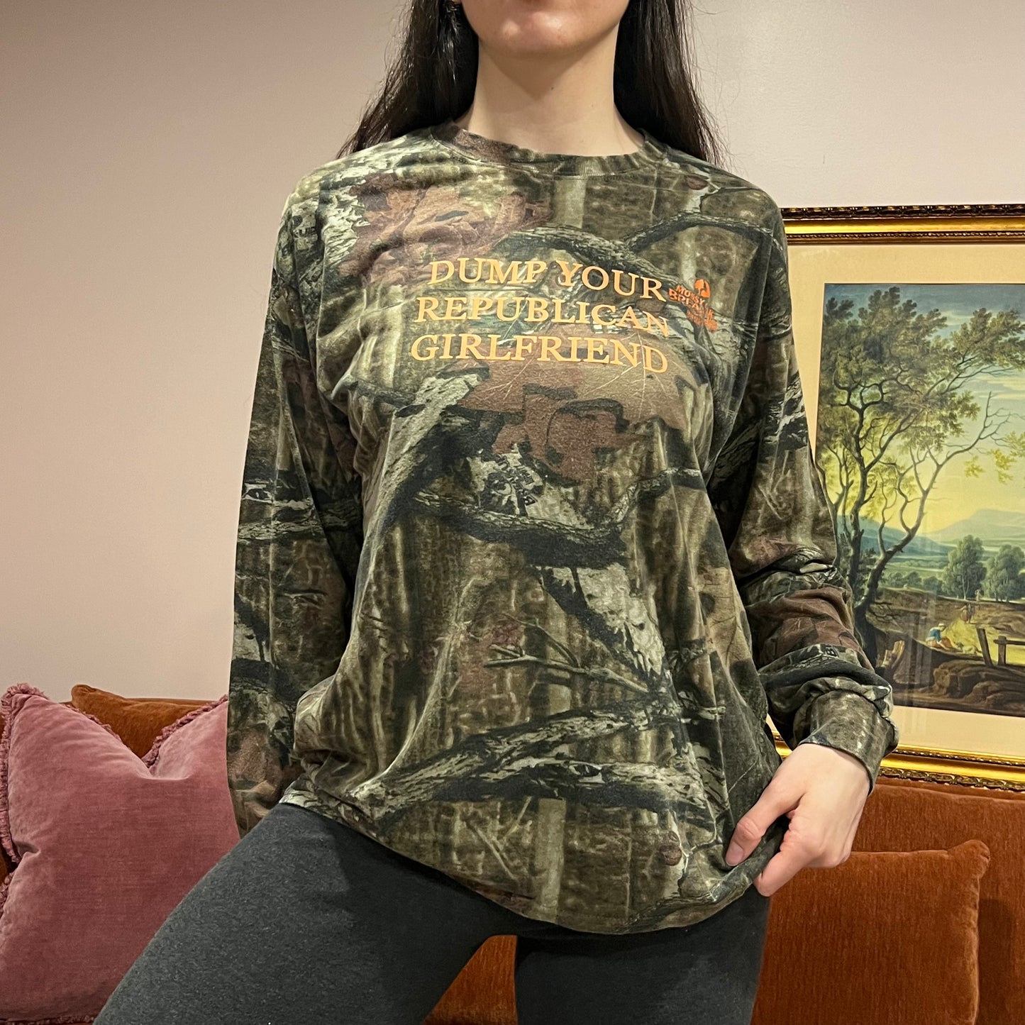 DUMP YOUR REPUBLICAN GIRLFRIEND camo long sleeve t-shirt with orange text (L)
