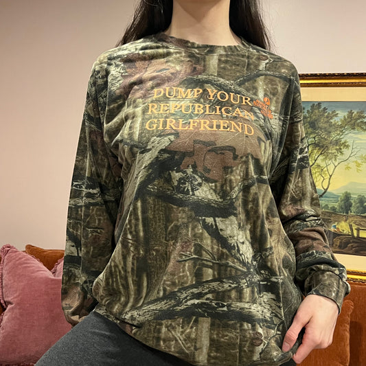 DUMP YOUR REPUBLICAN GIRLFRIEND camo long sleeve t-shirt with orange text (L)