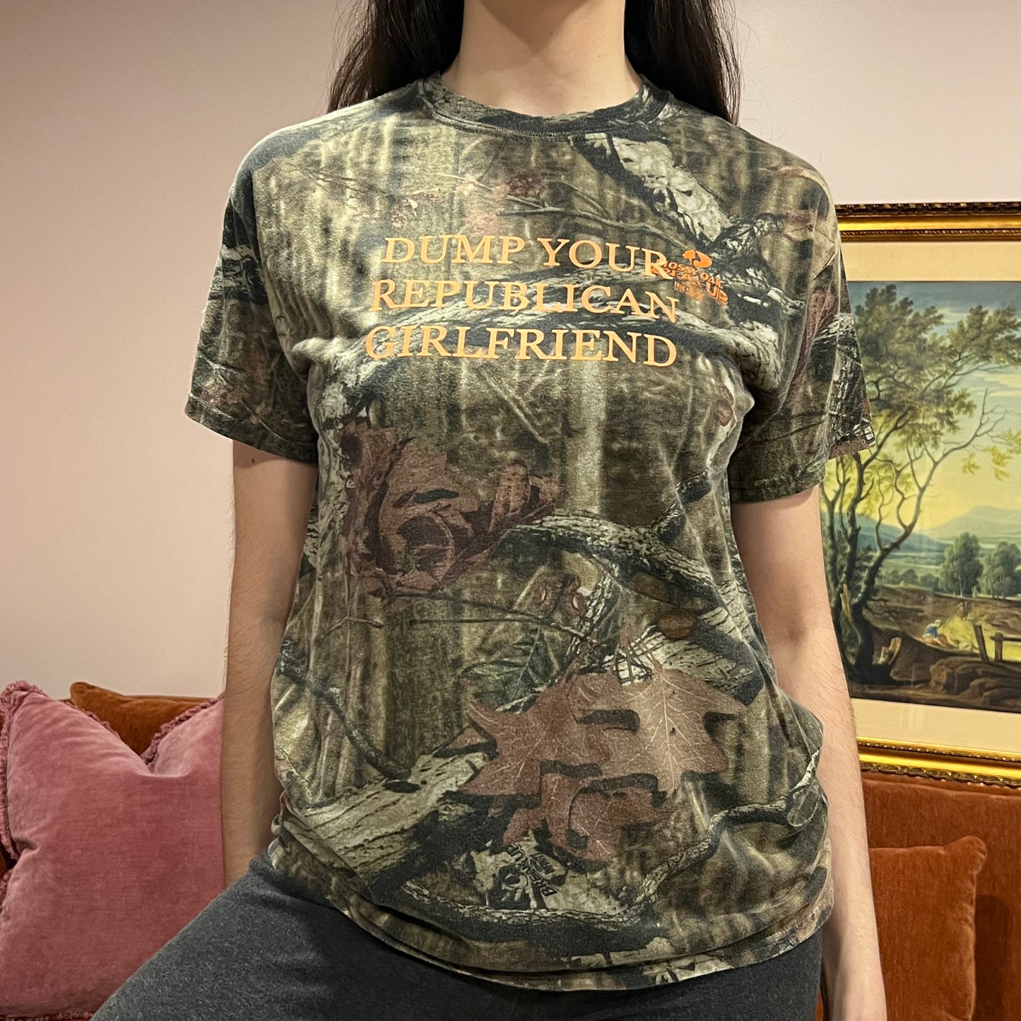 DUMP YOUR REPUBLICAN GIRLFRIEND camo t-shirt with orange text (M)
