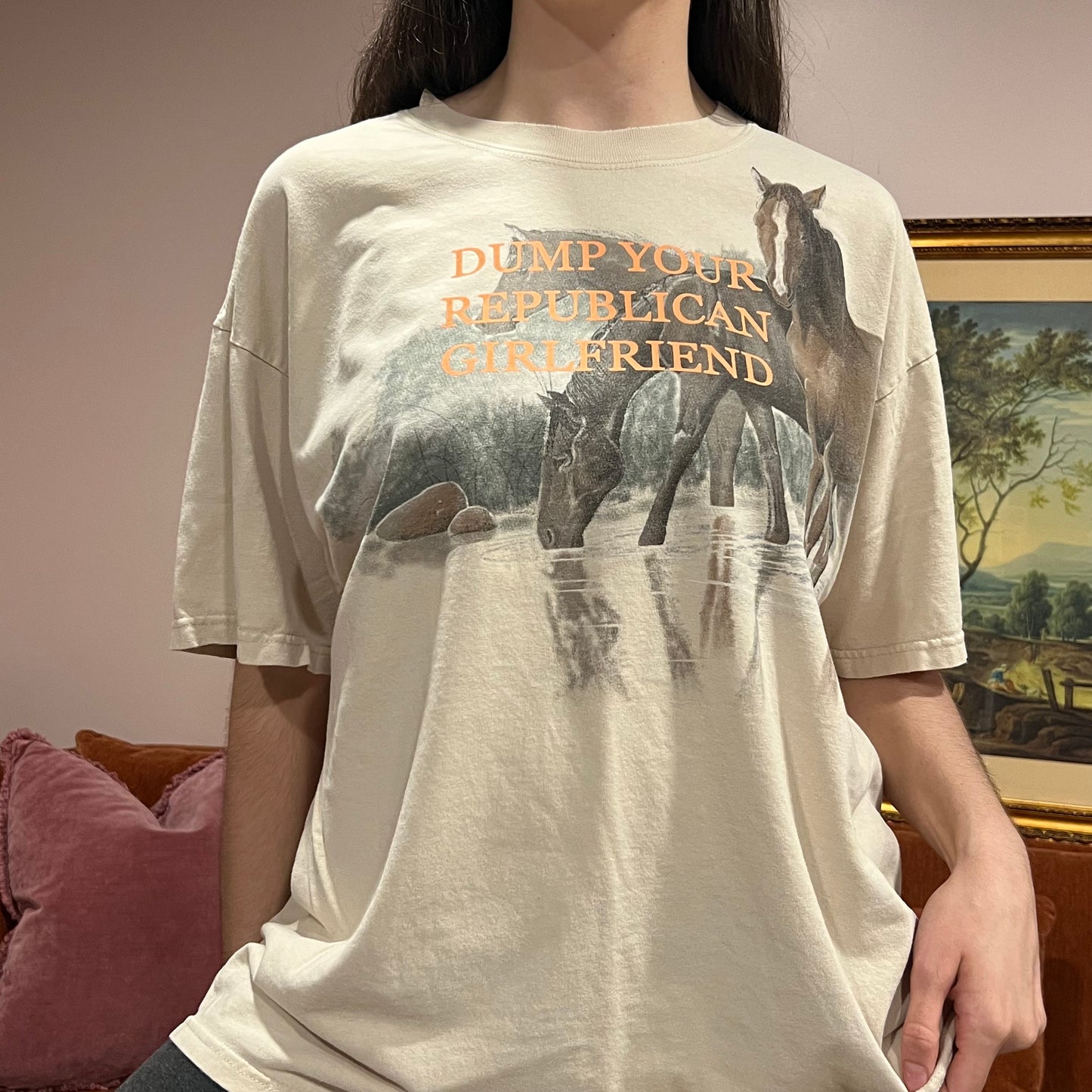 DUMP YOUR REPUBLICAN GIRLFRIEND horse t-shirt with orange text (XL)