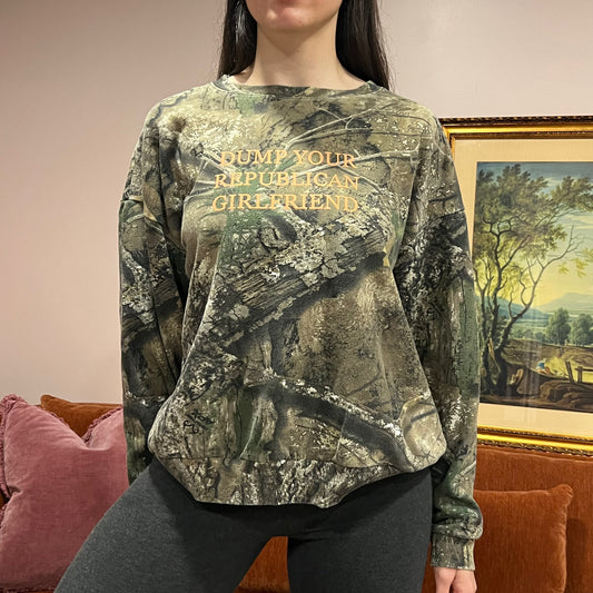 DUMP YOUR REPUBLICAN GIRLFRIEND camo crewneck with orange text (L)
