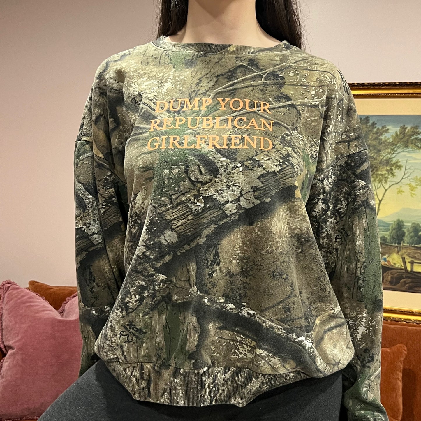 DUMP YOUR REPUBLICAN GIRLFRIEND camo crewneck with orange text (L)