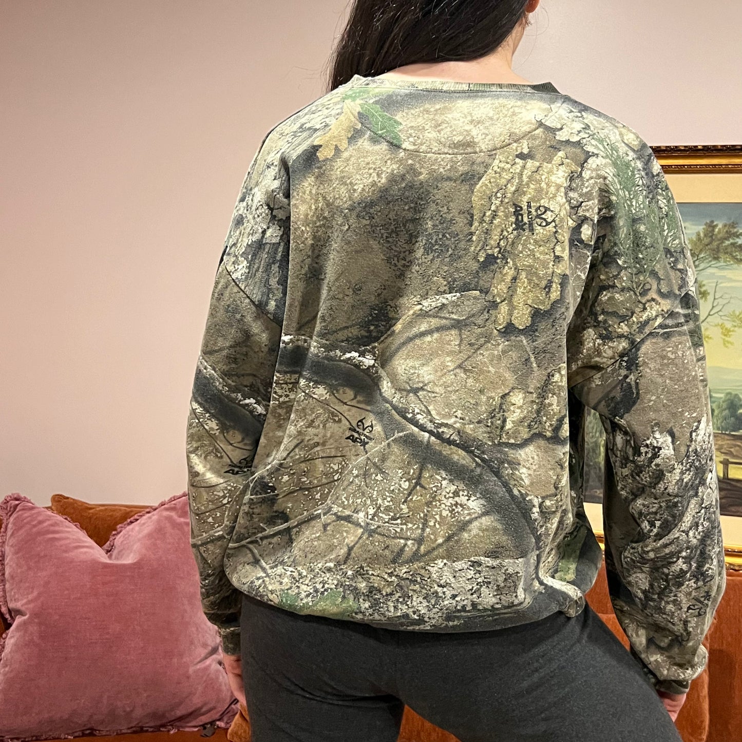 DUMP YOUR REPUBLICAN GIRLFRIEND camo crewneck with orange text (L)