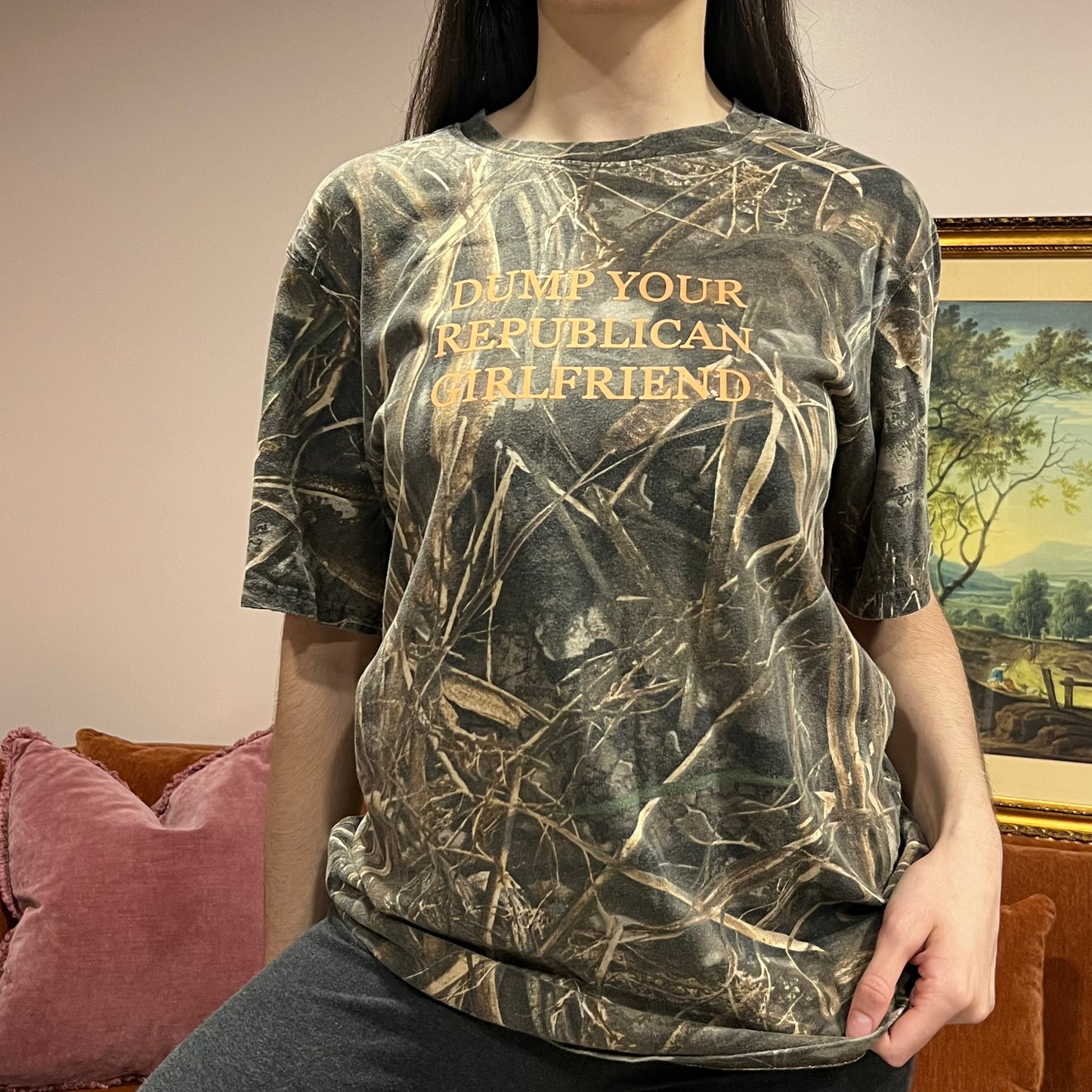 DUMP YOUR REPUBLICAN GIRLFRIEND camo t-shirt with orange text (L)