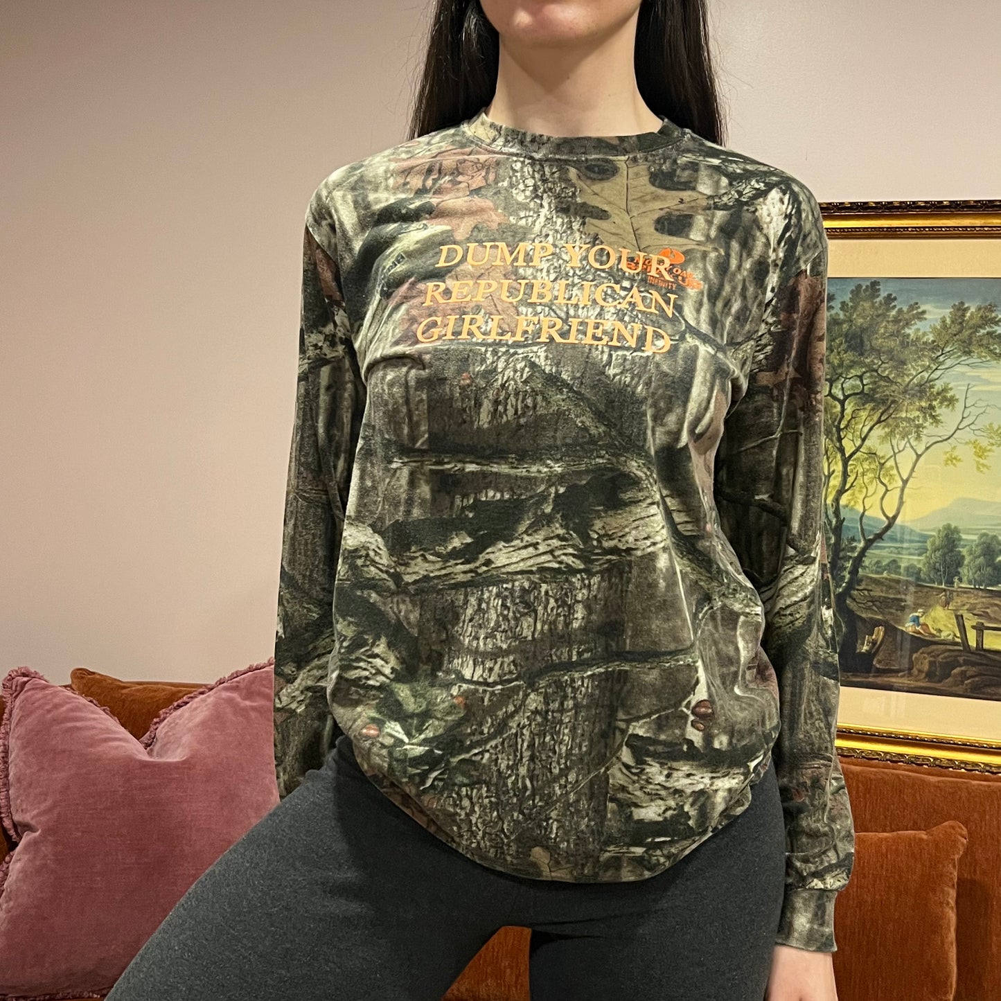 DUMP YOUR REPUBLICAN GIRLFRIEND camo long sleeve t-shirt with orange text (M)