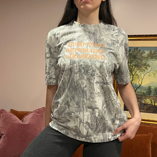 DUMP YOUR REPUBLICAN GIRLFRIEND white camo t-shirt with orange text (S)