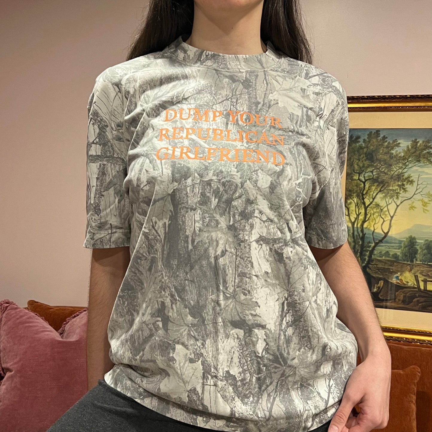 DUMP YOUR REPUBLICAN GIRLFRIEND white camo t-shirt with orange text (S)