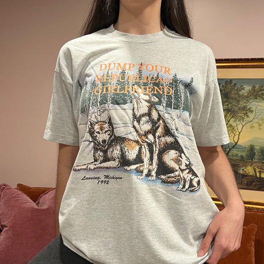 DUMP YOUR REPUBLICAN GIRLFRIEND wolf t-shirt with orange text (XL)
