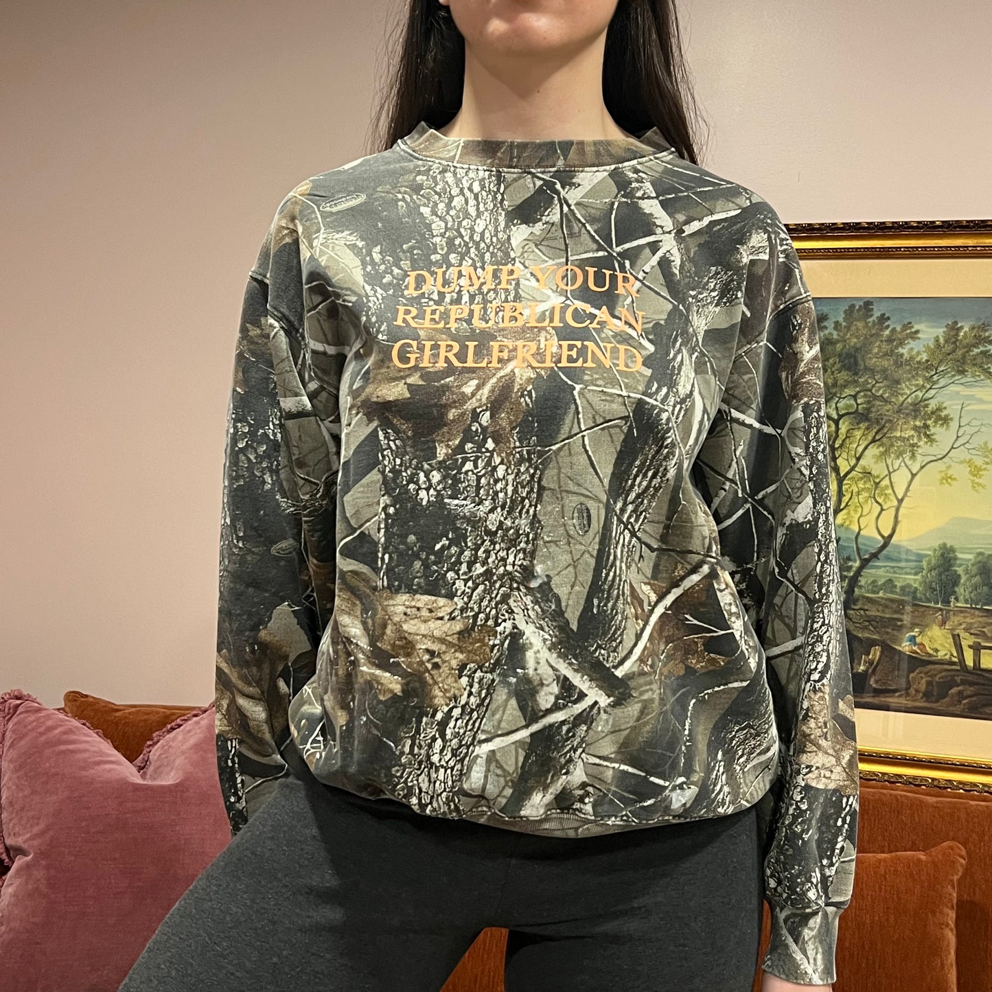 DUMP YOUR REPUBLICAN GIRLFRIEND camo crewneck with orange text (M)
