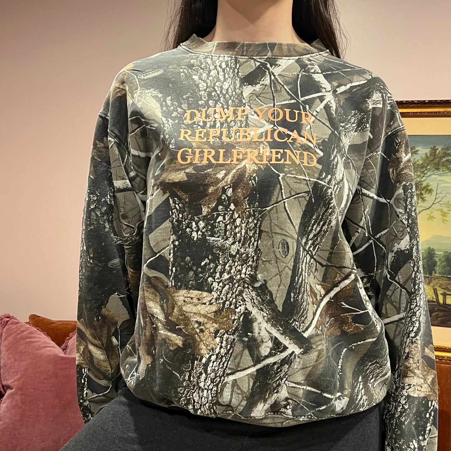 DUMP YOUR REPUBLICAN GIRLFRIEND camo crewneck with orange text (M)