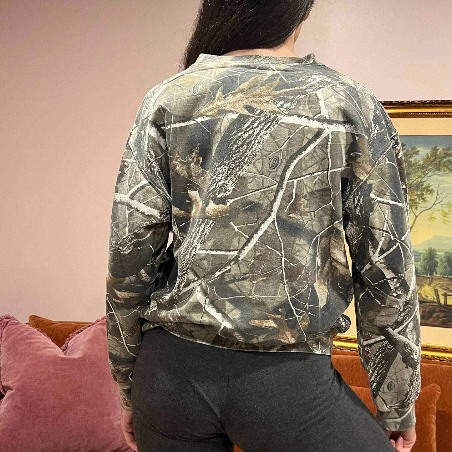 DUMP YOUR REPUBLICAN GIRLFRIEND camo crewneck with orange text (M)
