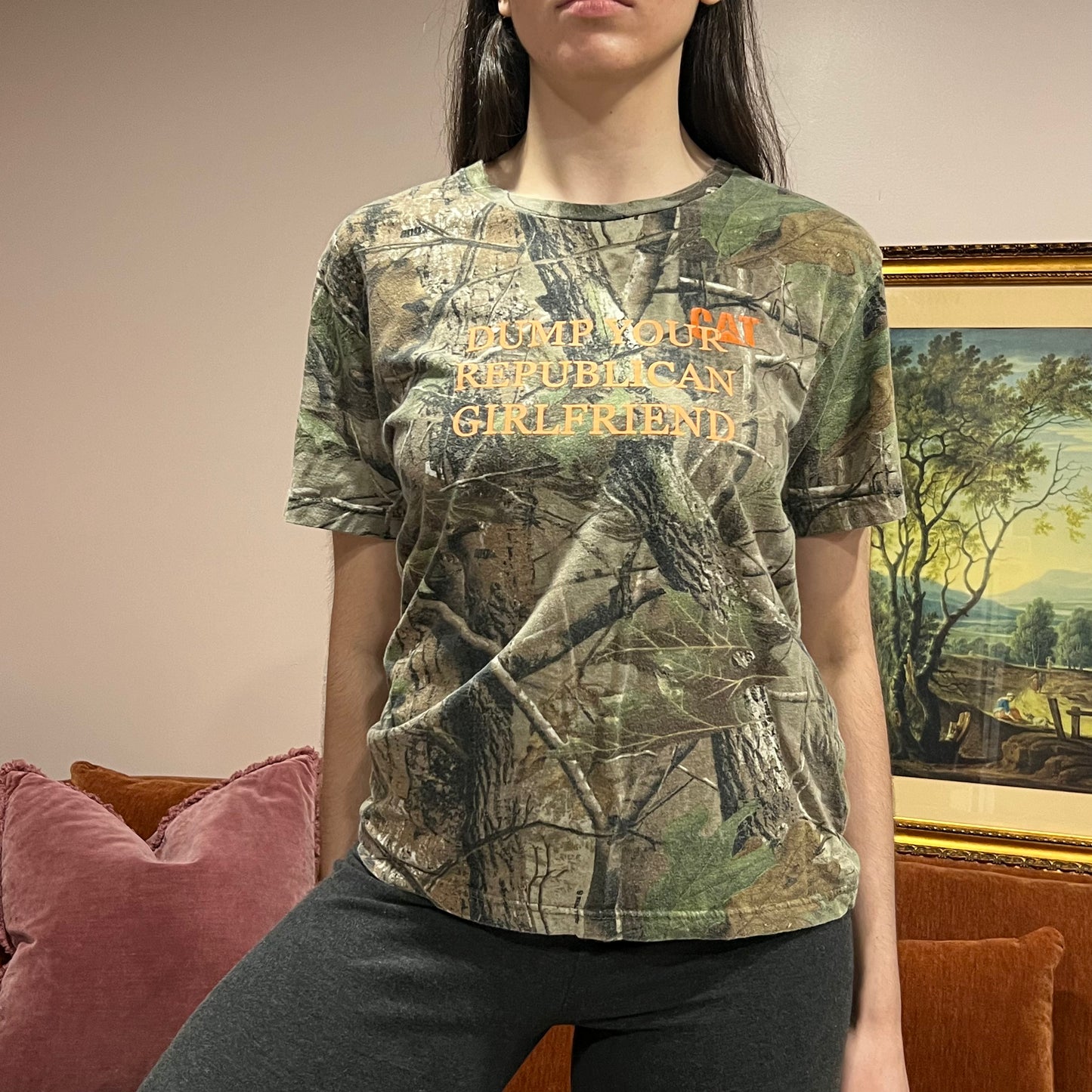 DUMP YOUR REPUBLICAN GIRLFRIEND camo t-shirt with orange text (M)