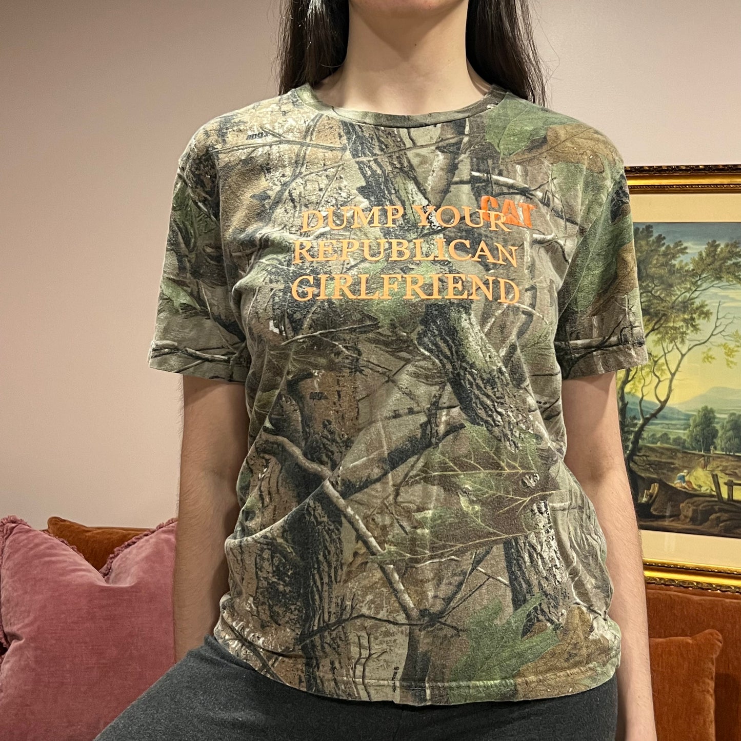 DUMP YOUR REPUBLICAN GIRLFRIEND camo t-shirt with orange text (M)