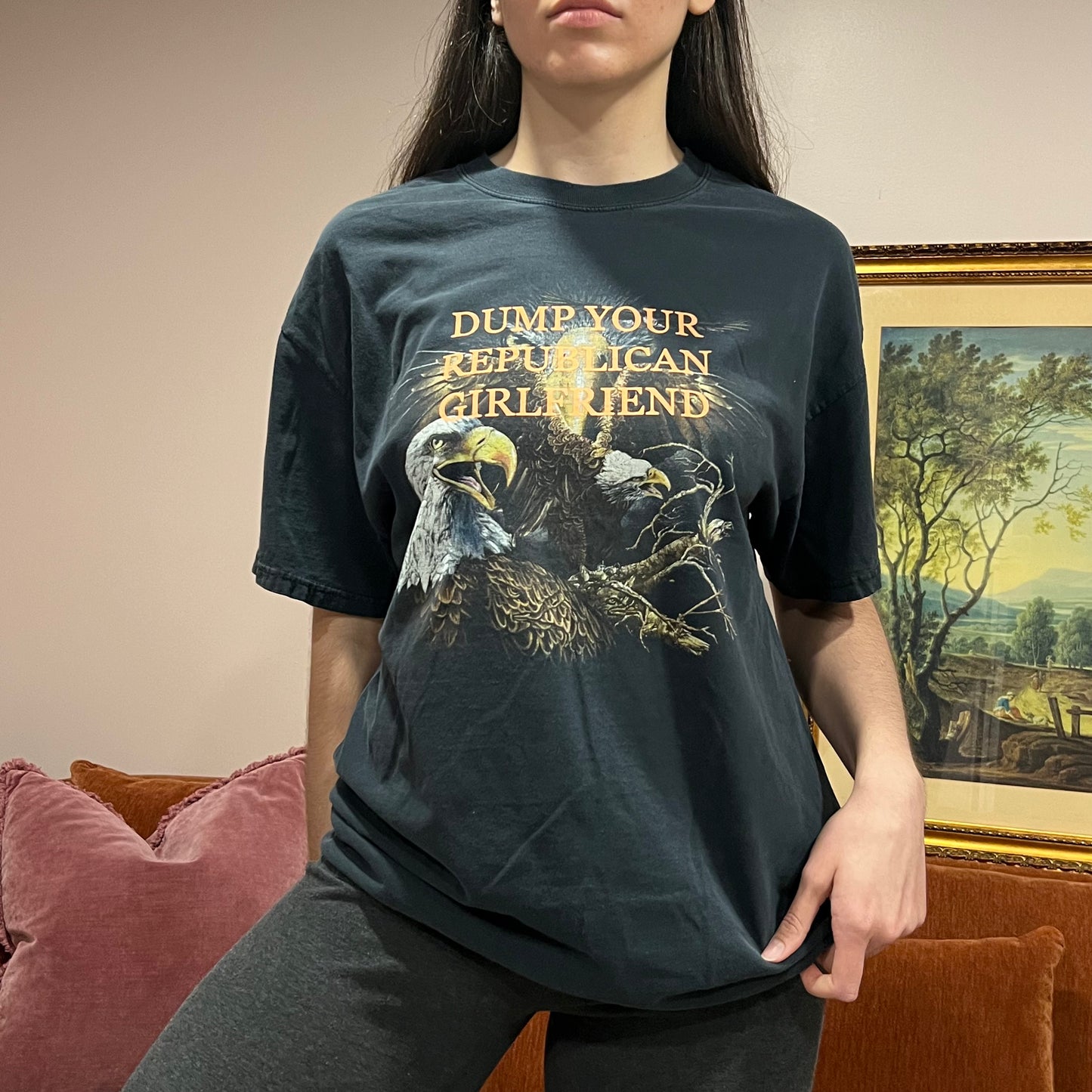 DUMP YOUR REPUBLICAN GIRLFRIEND eagle t-shirt with orange text (XL)