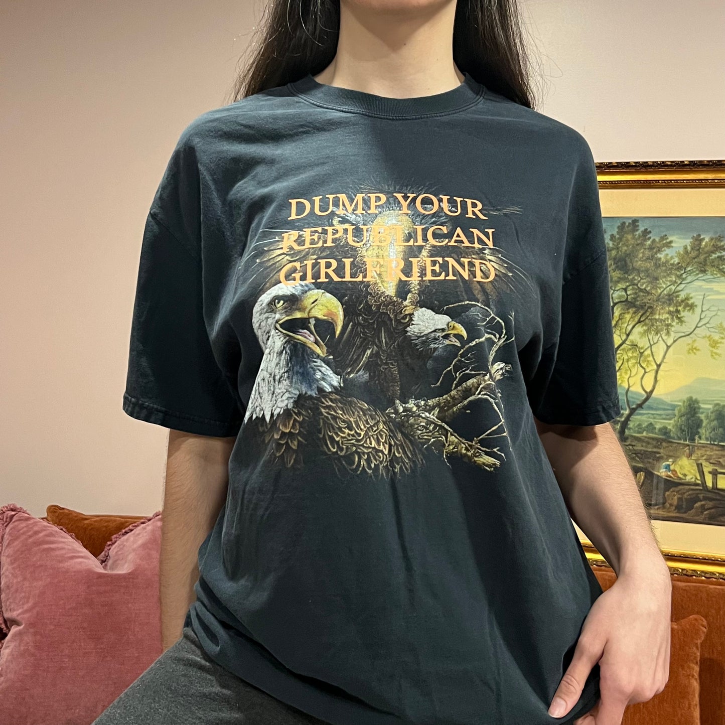 DUMP YOUR REPUBLICAN GIRLFRIEND eagle t-shirt with orange text (XL)