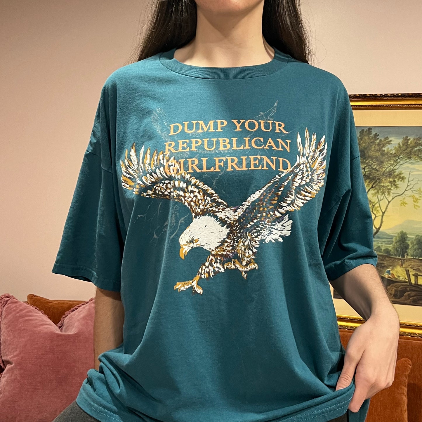 DUMP YOUR REPUBLICAN GIRLFRIEND eagle t-shirt with orange text (2XL)