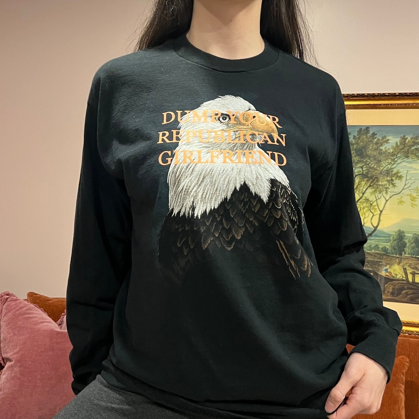 DUMP YOUR REPUBLICAN GIRLFRIEND eagle long sleeve t-shirt with orange text (L)