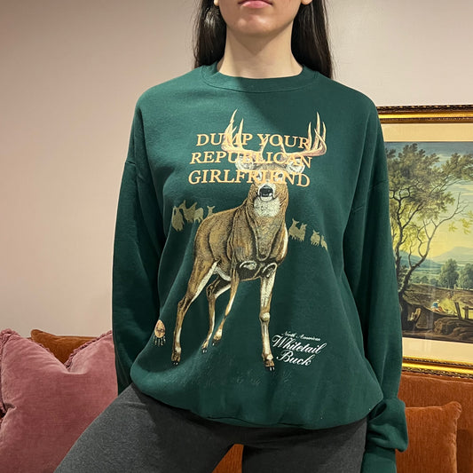 DUMP YOUR REPUBLICAN GIRLFRIEND deer crewneck with orange text (XL)