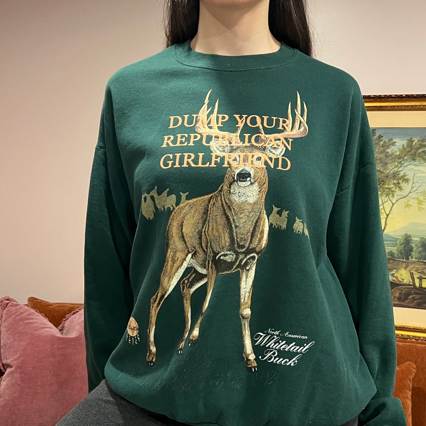DUMP YOUR REPUBLICAN GIRLFRIEND deer crewneck with orange text (XL)