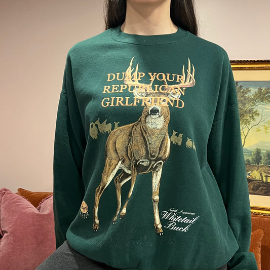 DUMP YOUR REPUBLICAN GIRLFRIEND deer crewneck with orange text (XL)