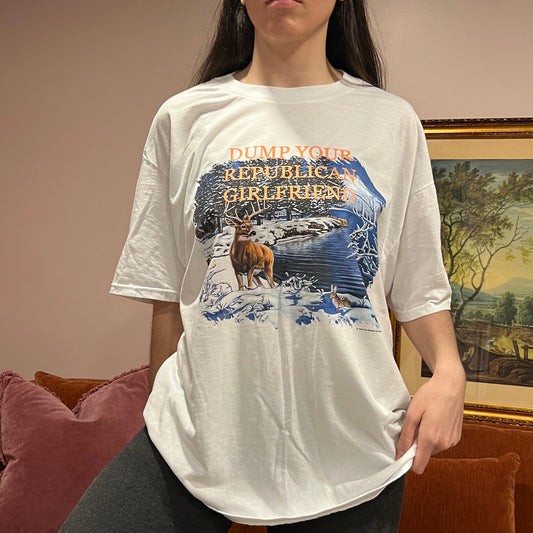 DUMP YOUR REPUBLICAN GIRLFRIEND deer t-shirt with orange text (XL)