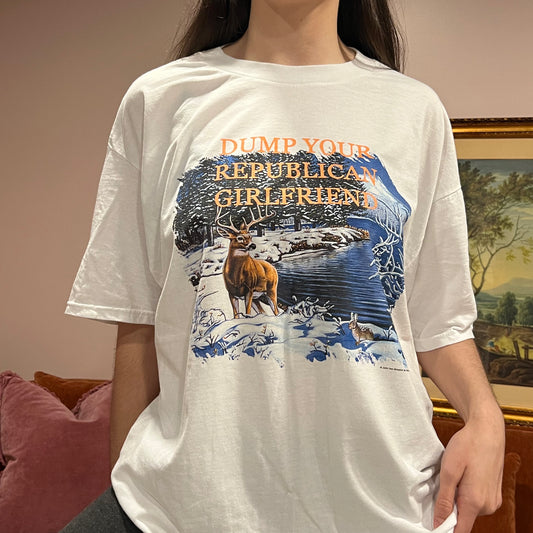 DUMP YOUR REPUBLICAN GIRLFRIEND deer t-shirt with orange text (XL)