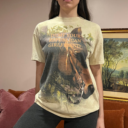 DUMP YOUR REPUBLICAN GIRLFRIEND horse t-shirt with orange text (M)