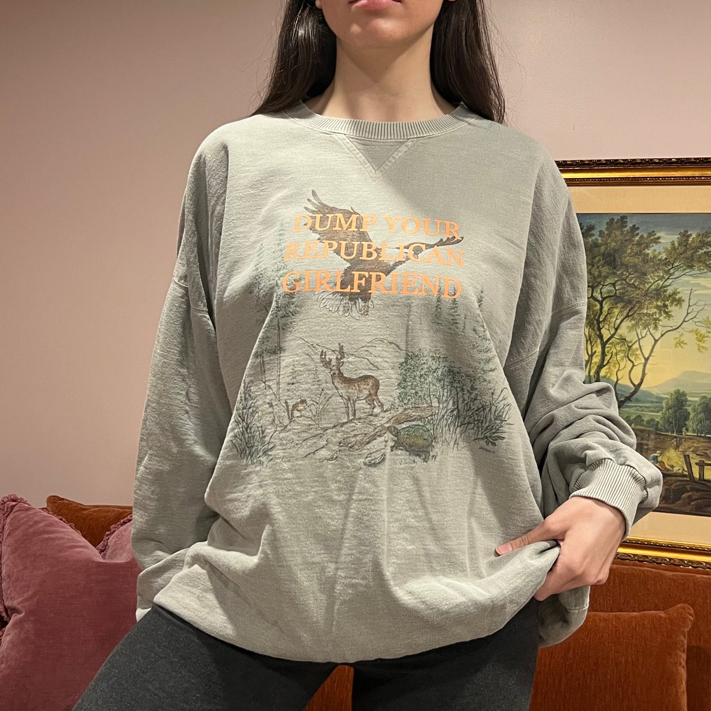 DUMP YOUR REPUBLICAN GIRLFRIEND animal crewneck with orange text (2XL)