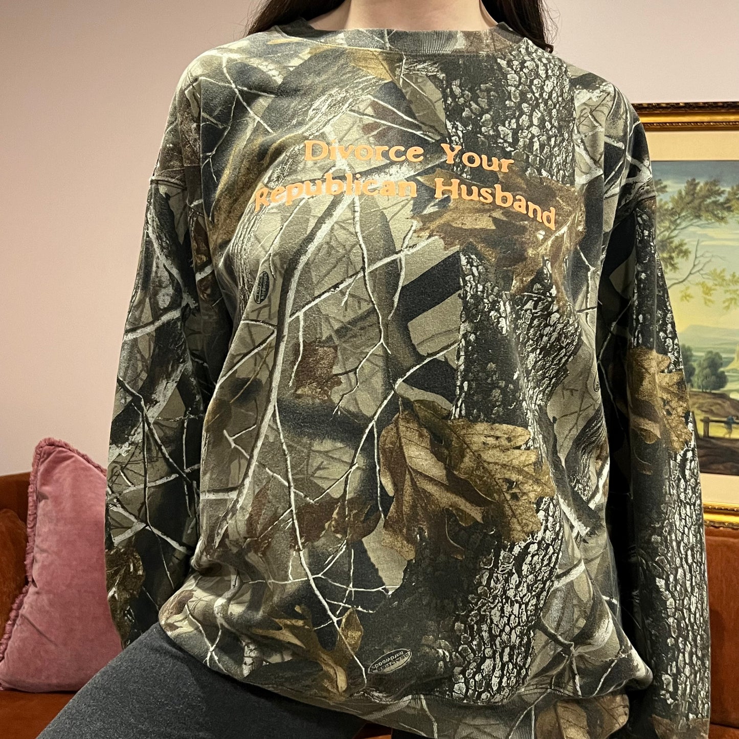 DIVORCE YOUR REPUBLICAN HUSBAND camo crewneck with orange text (XL)