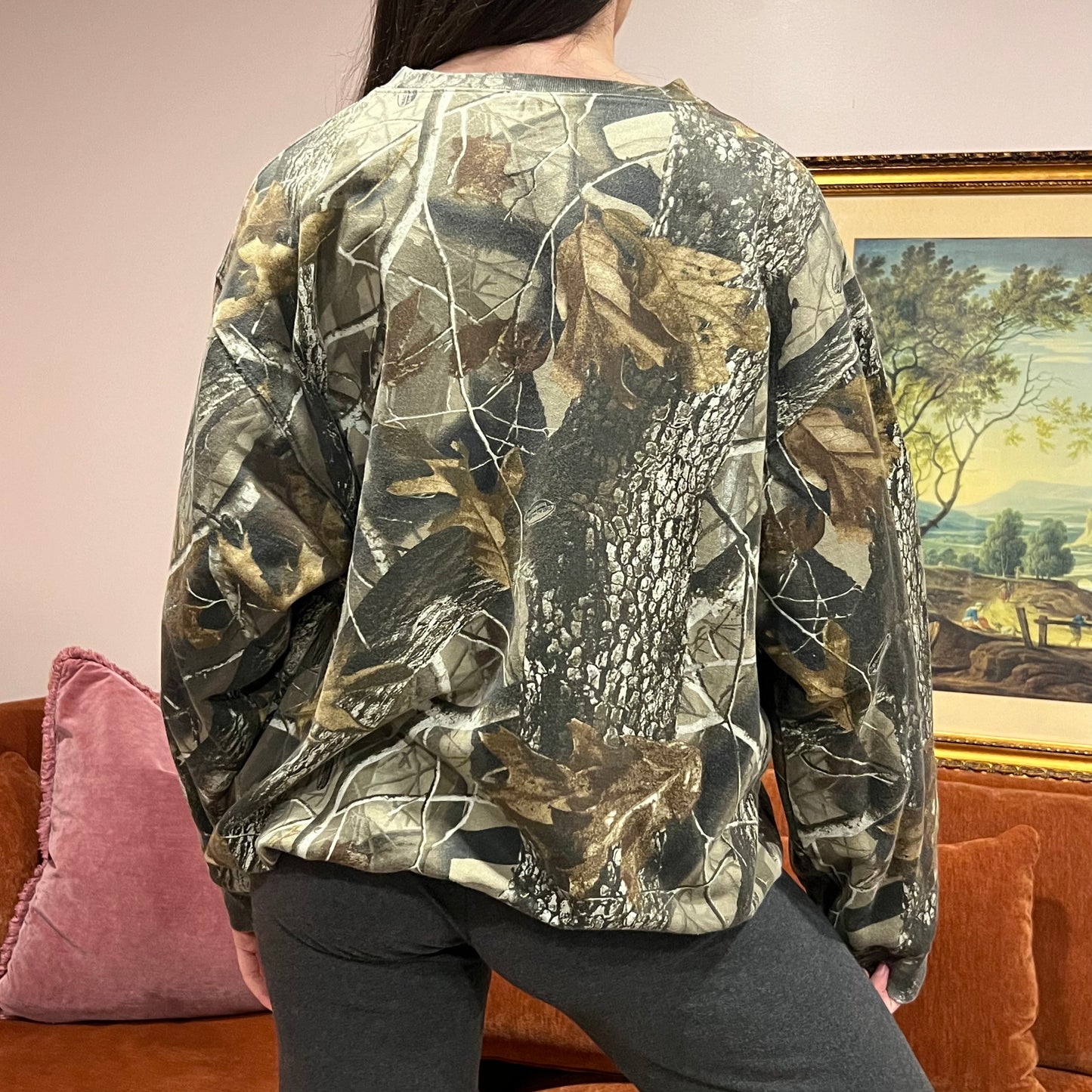DIVORCE YOUR REPUBLICAN HUSBAND camo crewneck with orange text (XL)