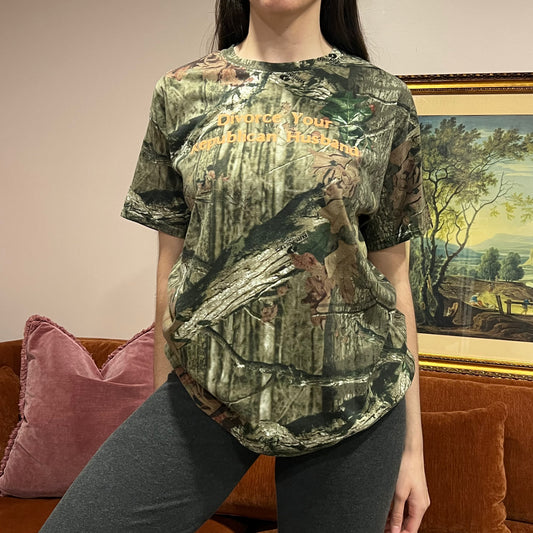 DIVORCE YOUR REPUBLICAN HUSBAND camo t-shirt with orange text (L)