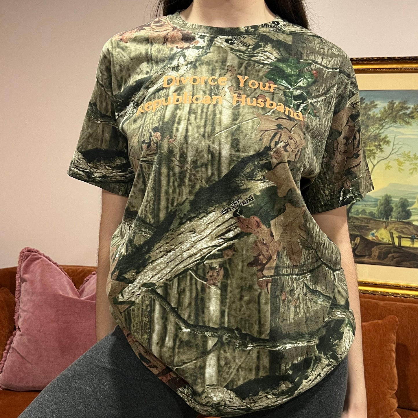 DIVORCE YOUR REPUBLICAN HUSBAND camo t-shirt with orange text (L)