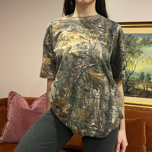 DIVORCE YOUR REPUBLICAN HUSBAND camo t-shirt with orange text (XL)
