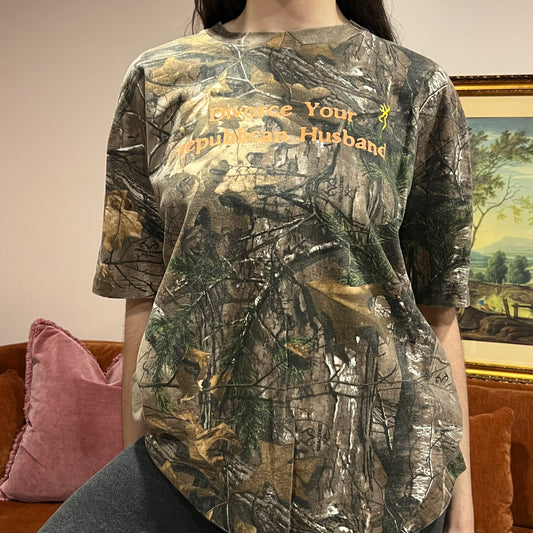 DIVORCE YOUR REPUBLICAN HUSBAND camo t-shirt with orange text (XL)