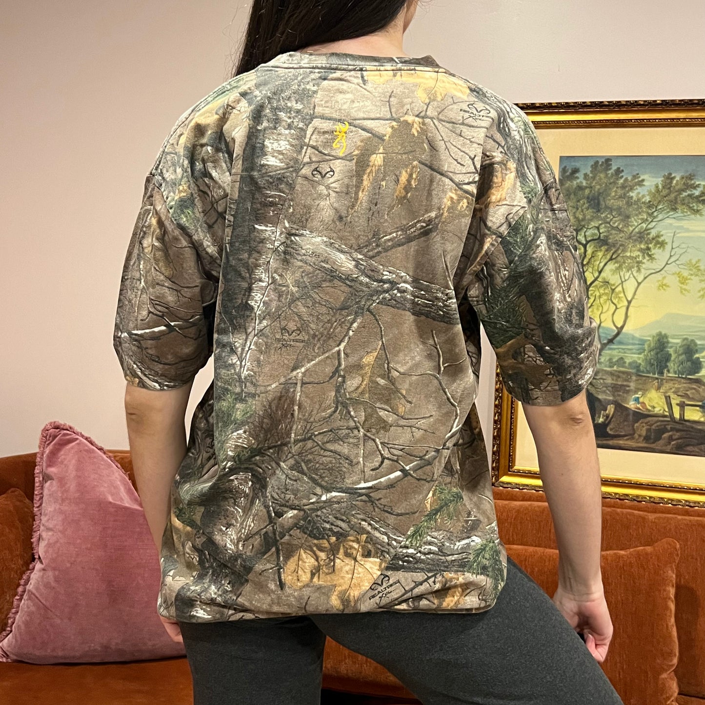 DIVORCE YOUR REPUBLICAN HUSBAND camo t-shirt with orange text (XL)