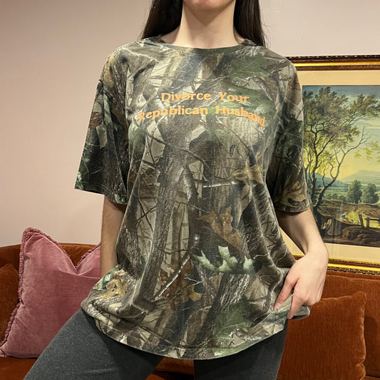DIVORCE YOUR REPUBLICAN HUSBAND camo t-shirt with orange text (XYZ)