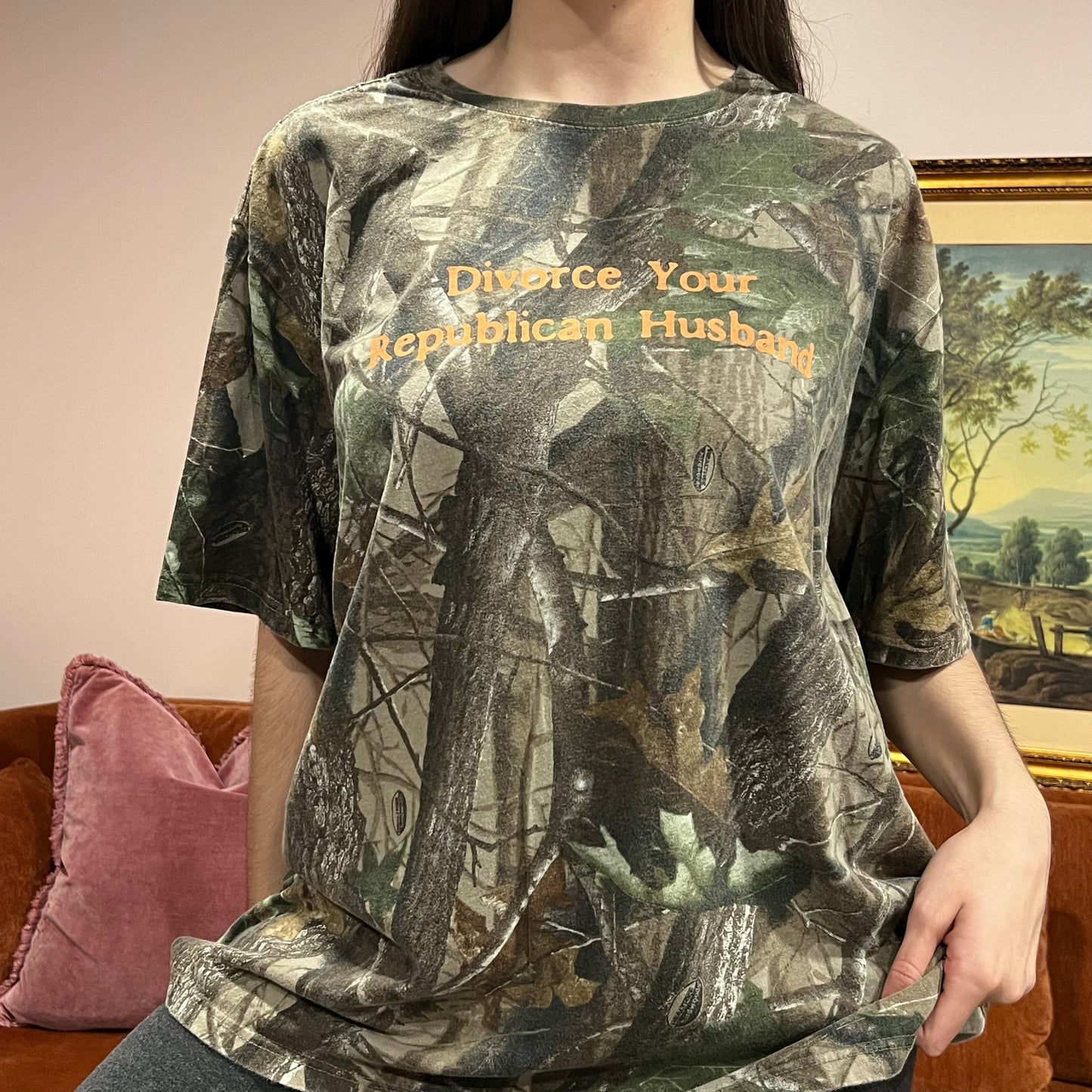 DIVORCE YOUR REPUBLICAN HUSBAND camo t-shirt with orange text (XYZ)