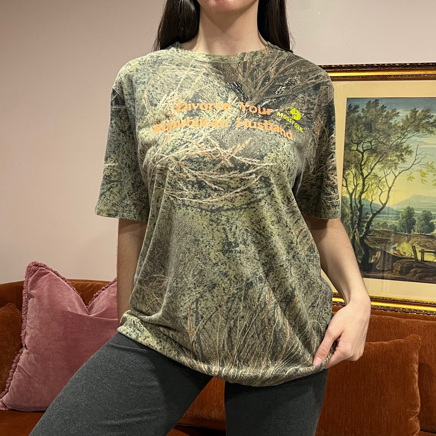 DIVORCE YOUR REPUBLICAN HUSBAND camo t-shirt with orange text (L)