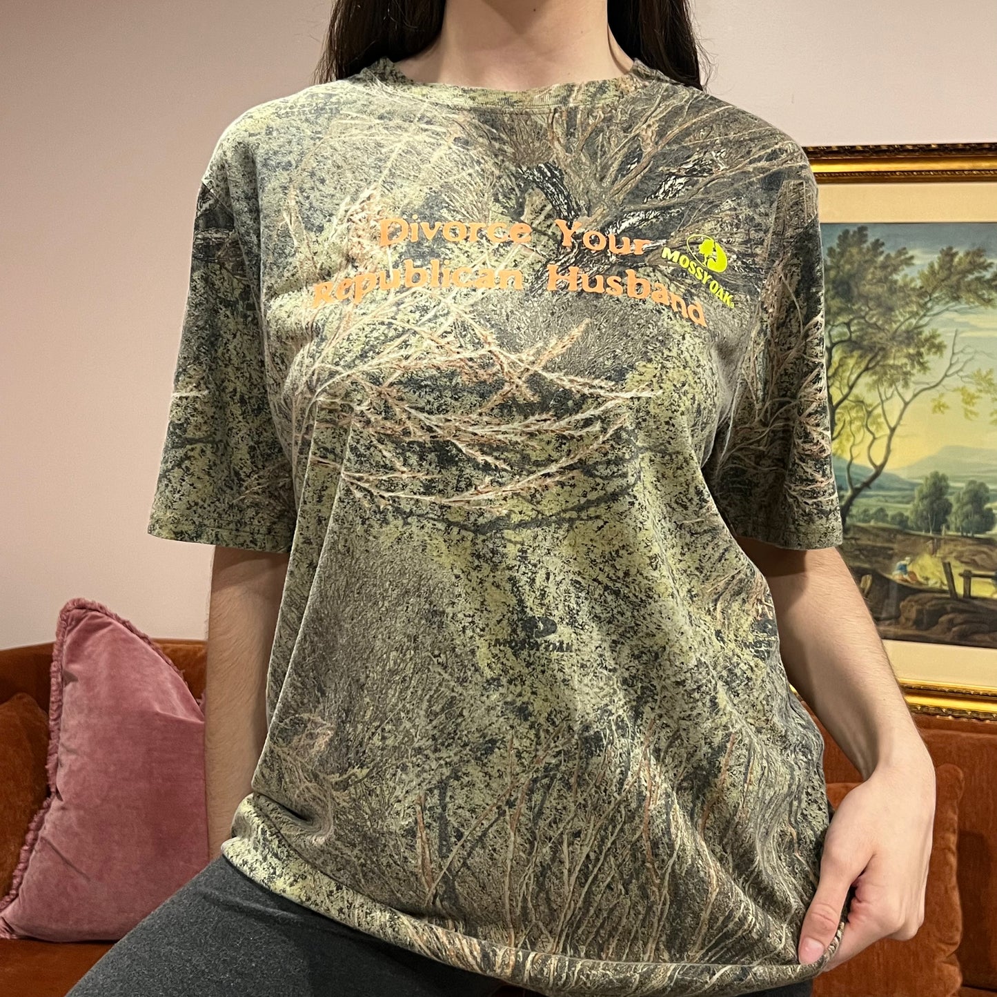 DIVORCE YOUR REPUBLICAN HUSBAND camo t-shirt with orange text (L)