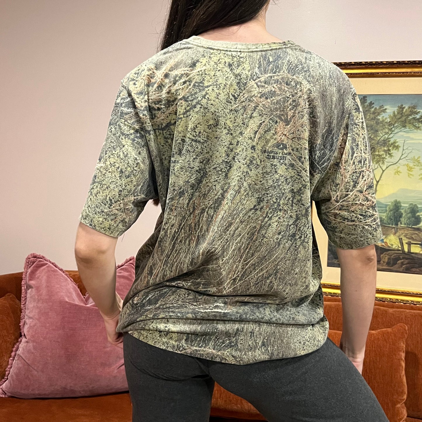 DIVORCE YOUR REPUBLICAN HUSBAND camo t-shirt with orange text (L)