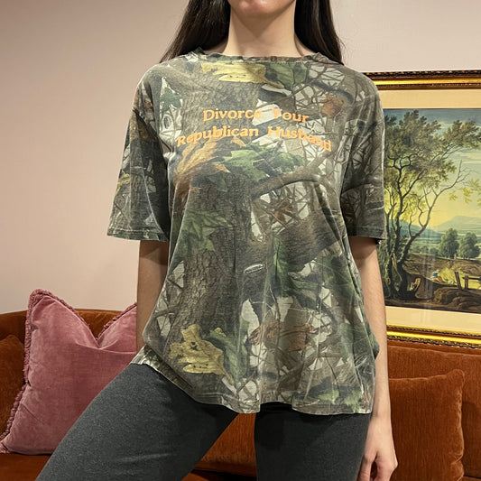 DIVORCE YOUR REPUBLICAN HUSBAND camo t-shirt with orange text (XYZ)