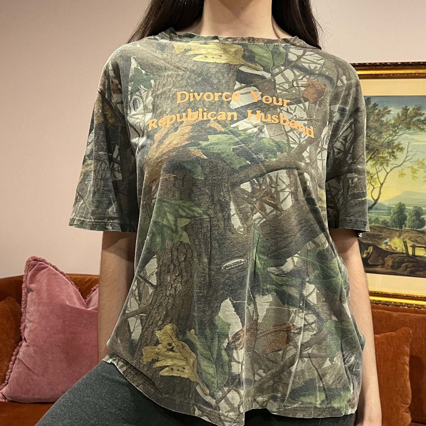 DIVORCE YOUR REPUBLICAN HUSBAND camo t-shirt with orange text (XYZ)