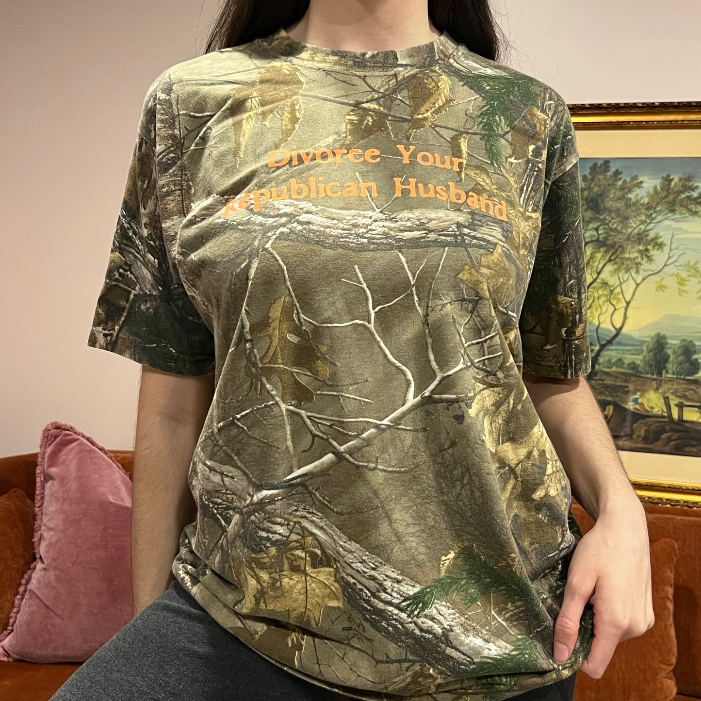 DIVORCE YOUR REPUBLICAN HUSBAND camo t-shirt with orange text (L)