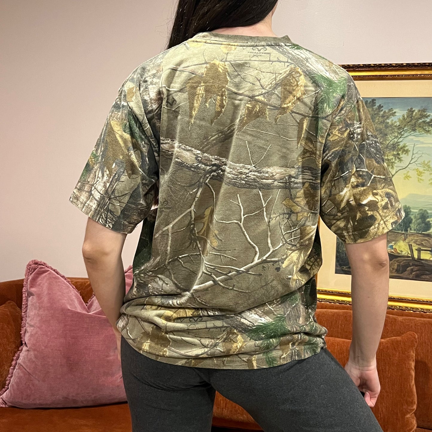DIVORCE YOUR REPUBLICAN HUSBAND camo t-shirt with orange text (L)